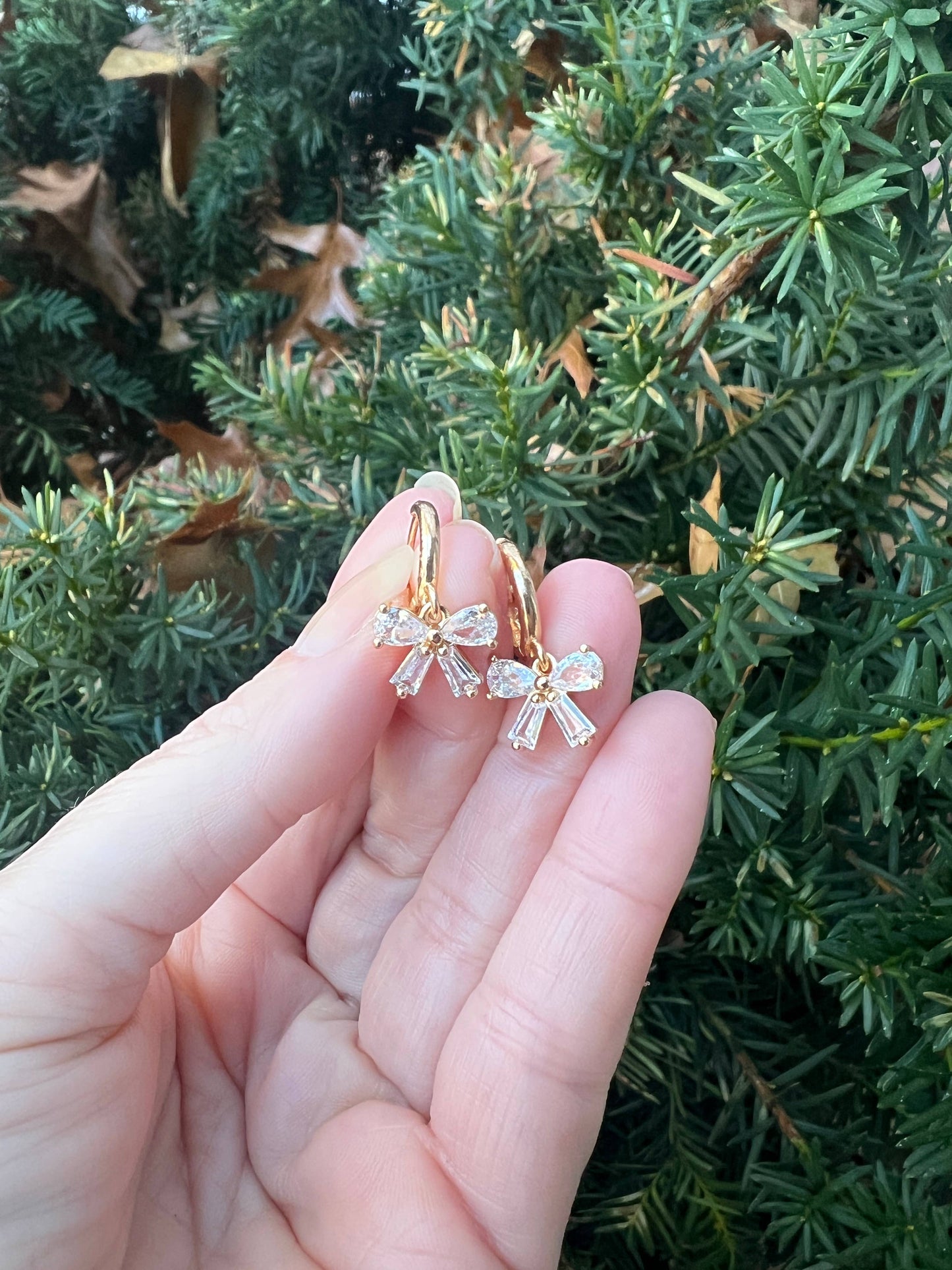 Bow CZ Sparkle Cubic Zirconia Gem Huggie Hoops Holiday - Thirty-One Boutique, LLC
