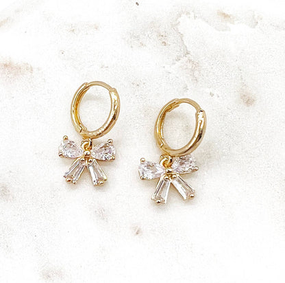 Bow CZ Sparkle Cubic Zirconia Gem Huggie Hoops Holiday - Thirty-One Boutique, LLC