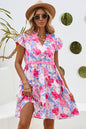 LDC Floral V Notched Ric Rac Flutter Sleeve Dress - Thirty-One Boutique, LLC