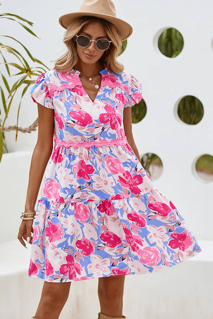 LDC Floral V Notched Ric Rac Flutter Sleeve Dress - Thirty-One Boutique, LLC