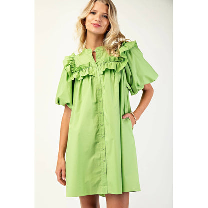 Puff Sleeve Mini Dress w_Mandarin Collar n Ruffle - Thirty-One Boutique, LLC