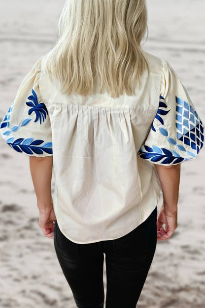 Floral Print Contrast Bubble Sleeve V-Neck Blouse | S-XL - Thirty-One Boutique, LLC