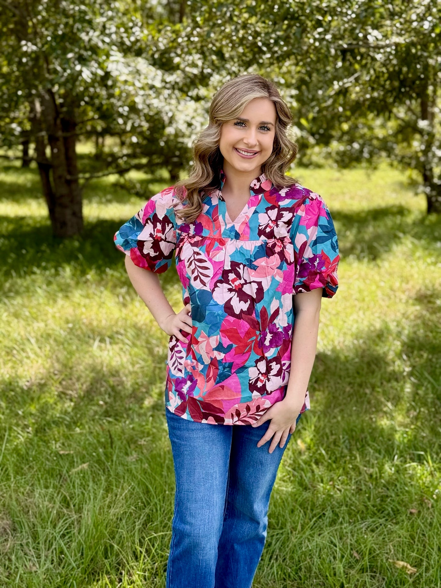 Rosey Red Floral Print  Blouse - Thirty-One Boutique, LLC
