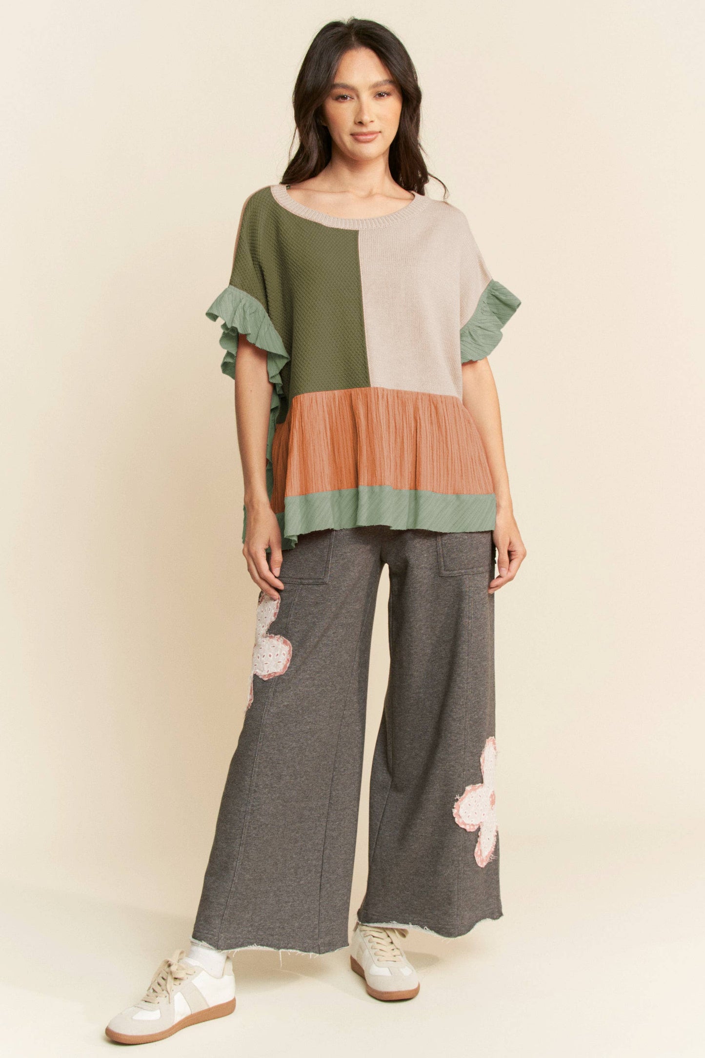 SWEATER MIX TEXTURED FABRIC RUFFLE DETAIL TOP - Thirty-One Boutique, LLC