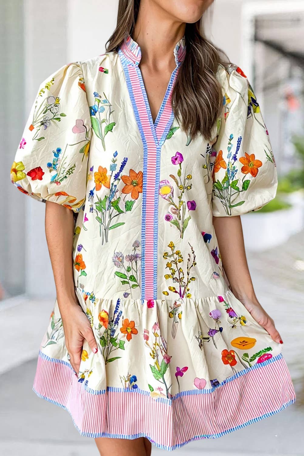BOHO Striped Floral Print Short Sleeve Mini Dress | S-XL - Thirty-One Boutique, LLC
