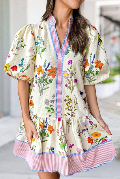 BOHO Striped Floral Print Short Sleeve Mini Dress | S-XL - Thirty-One Boutique, LLC