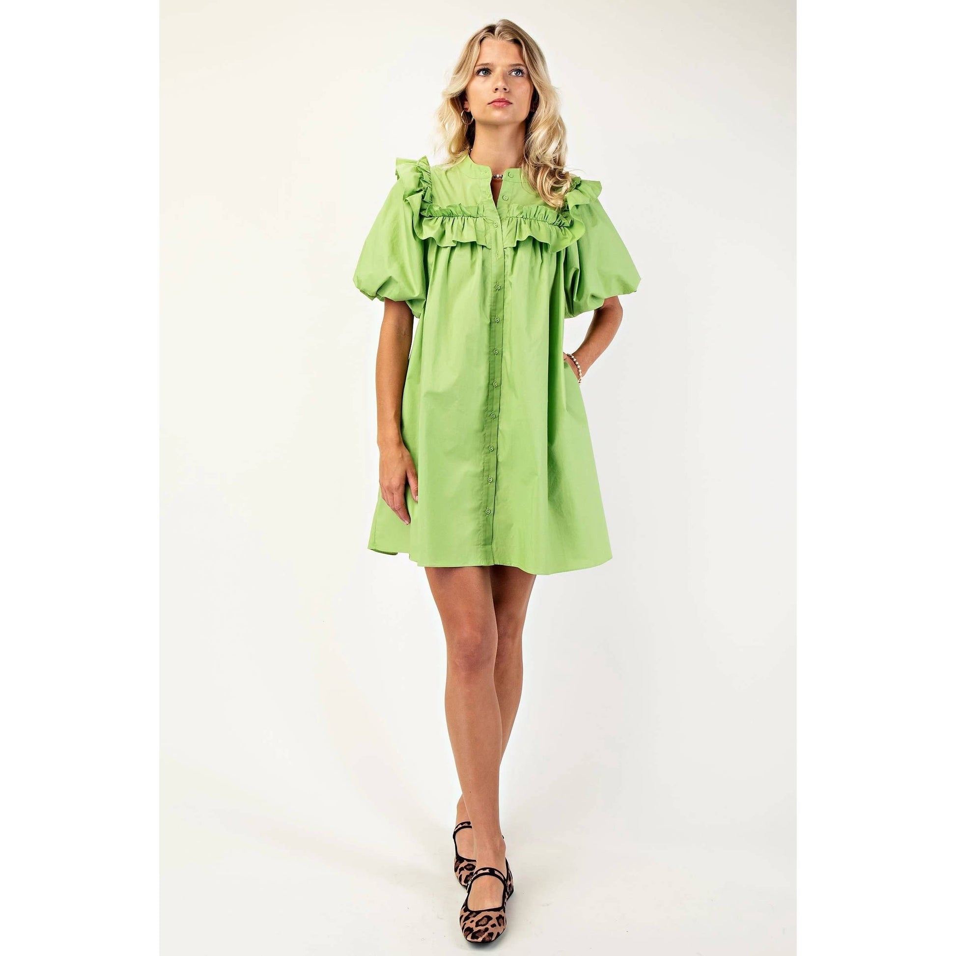 Puff Sleeve Mini Dress w_Mandarin Collar n Ruffle - Thirty-One Boutique, LLC