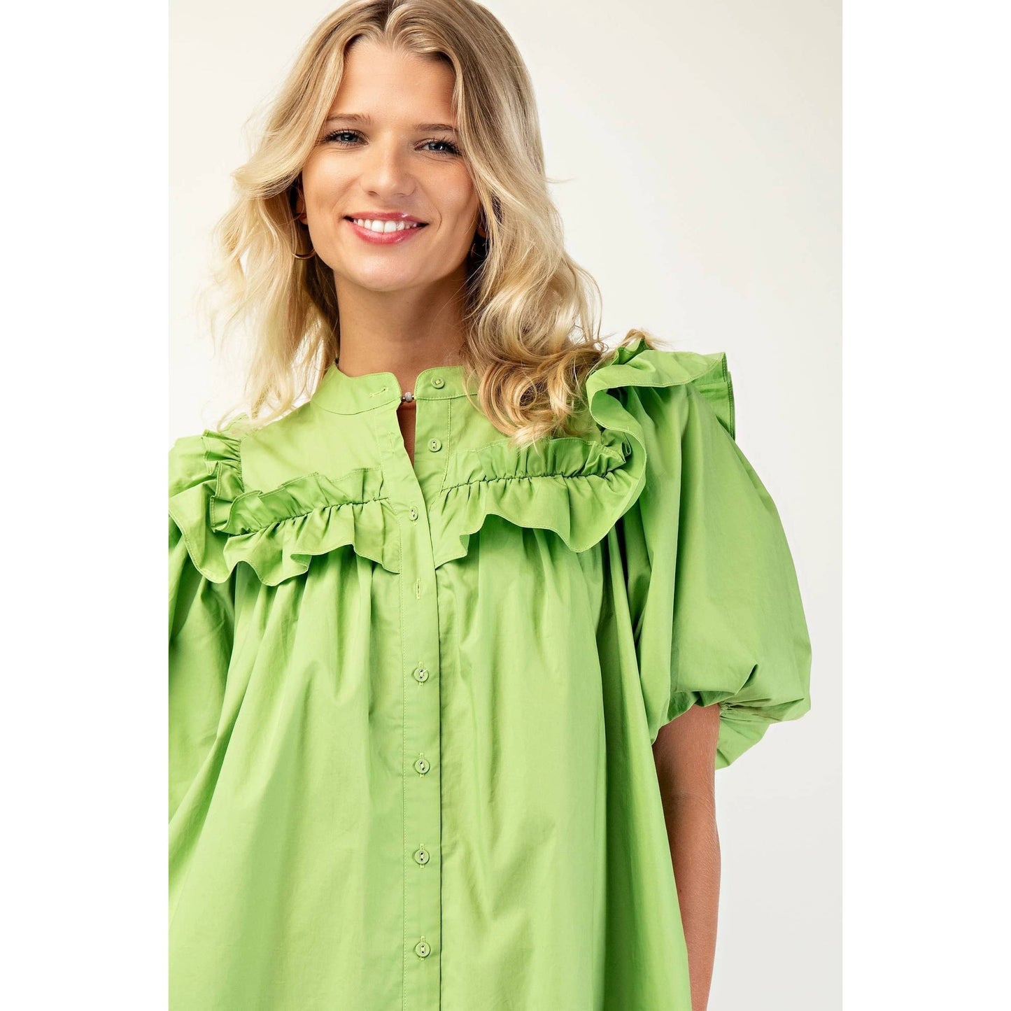 Puff Sleeve Mini Dress w_Mandarin Collar n Ruffle - Thirty-One Boutique, LLC