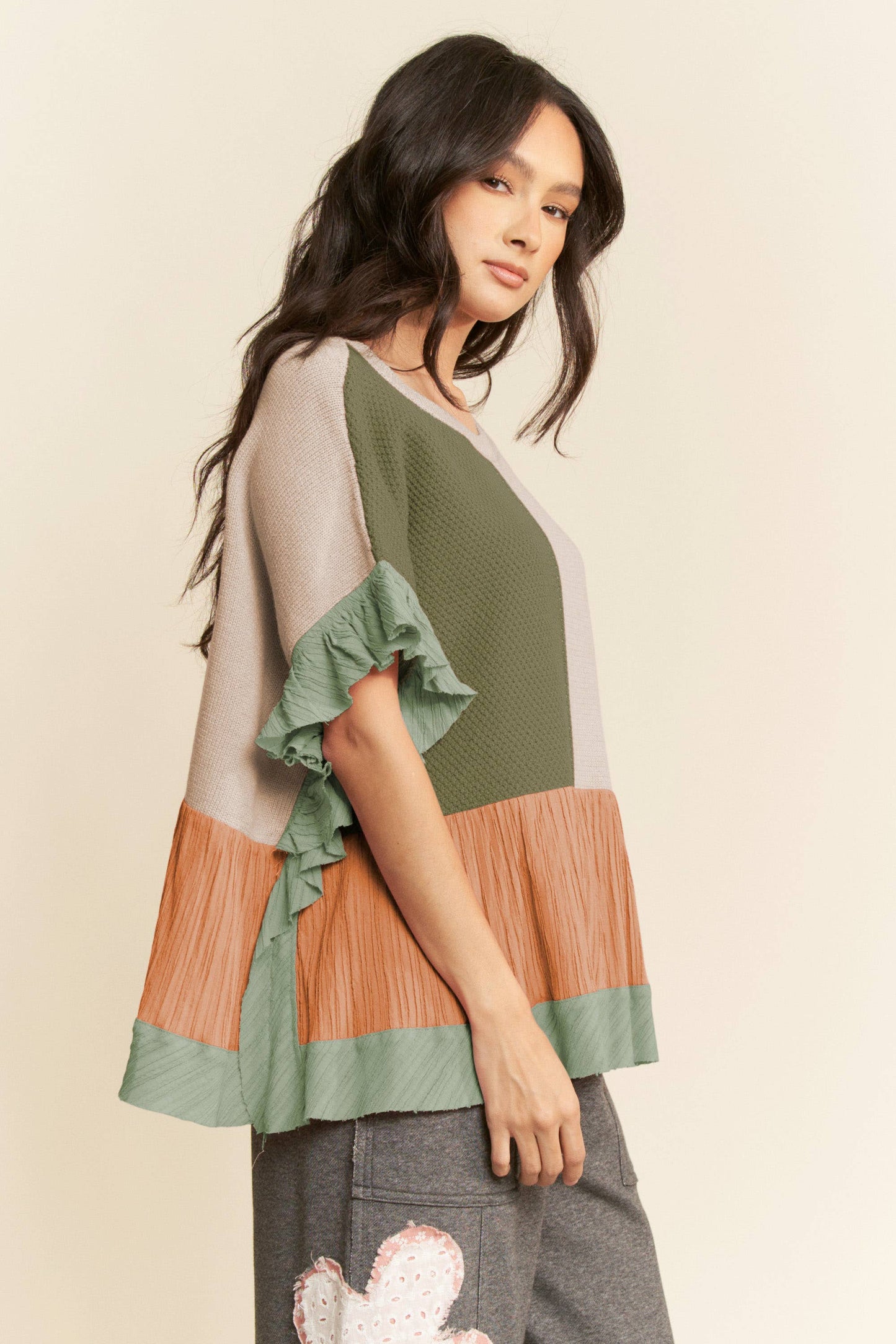 SWEATER MIX TEXTURED FABRIC RUFFLE DETAIL TOP - Thirty-One Boutique, LLC