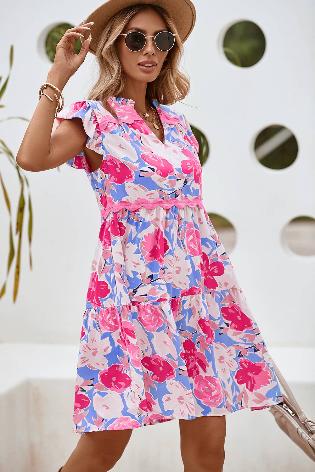 LDC Floral V Notched Ric Rac Flutter Sleeve Dress - Thirty-One Boutique, LLC