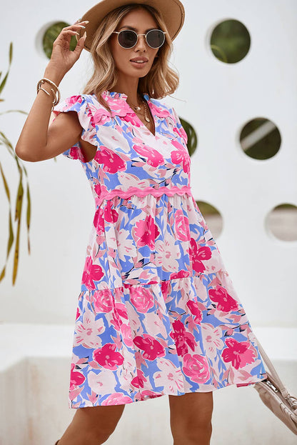LDC Floral V Notched Ric Rac Flutter Sleeve Dress - Thirty-One Boutique, LLC