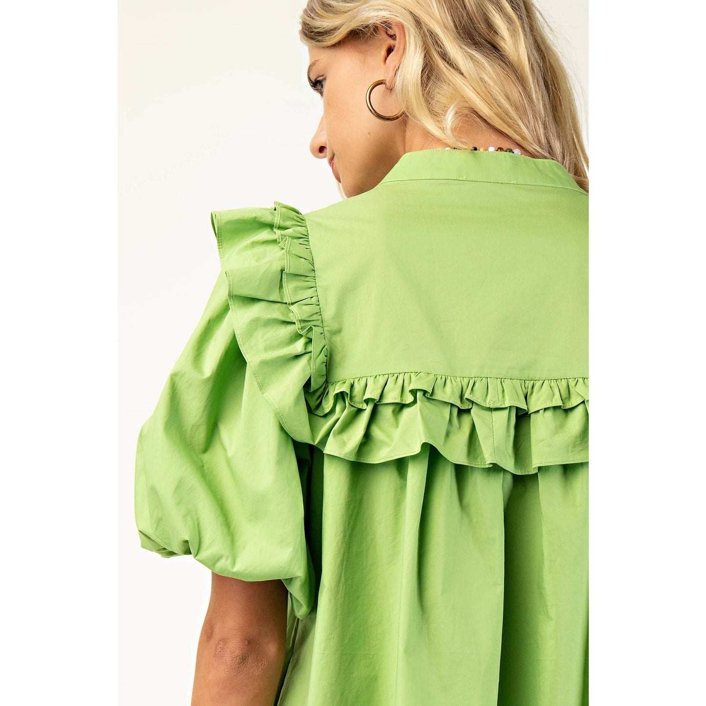 Puff Sleeve Mini Dress w_Mandarin Collar n Ruffle - Thirty-One Boutique, LLC