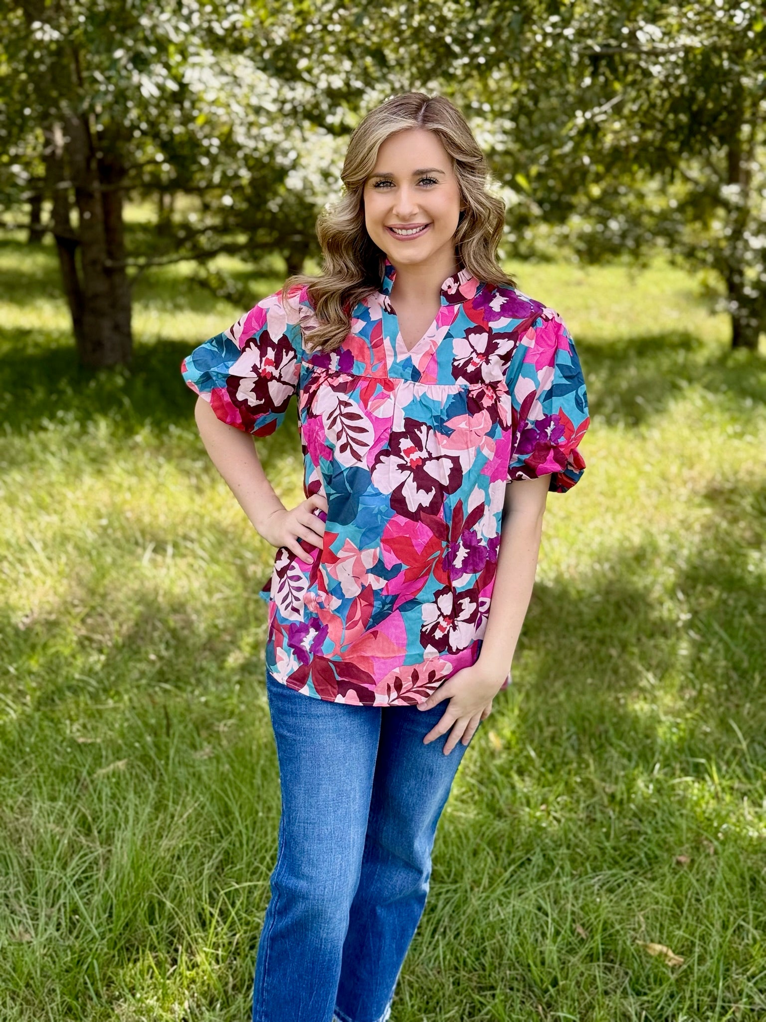 Rosey Red Floral Print  Blouse - Thirty-One Boutique, LLC