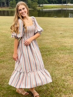 Striped Puff Sleeve Dress - Thirty-One Boutique, LLC