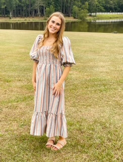 Striped Puff Sleeve Dress - Thirty-One Boutique, LLC