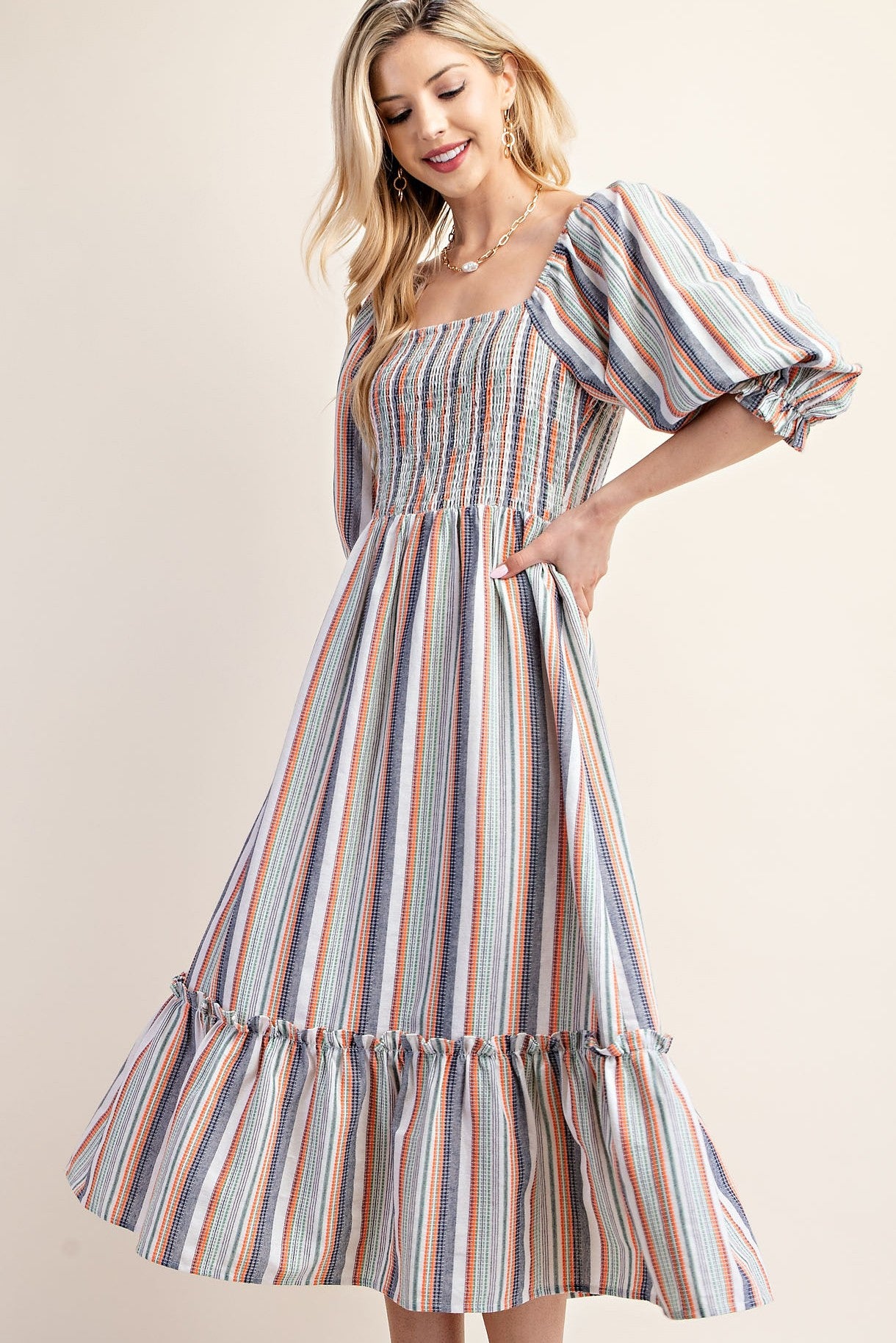 Striped Puff Sleeve Dress - Thirty-One Boutique, LLC