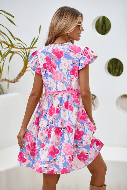 LDC Floral V Notched Ric Rac Flutter Sleeve Dress - Thirty-One Boutique, LLC