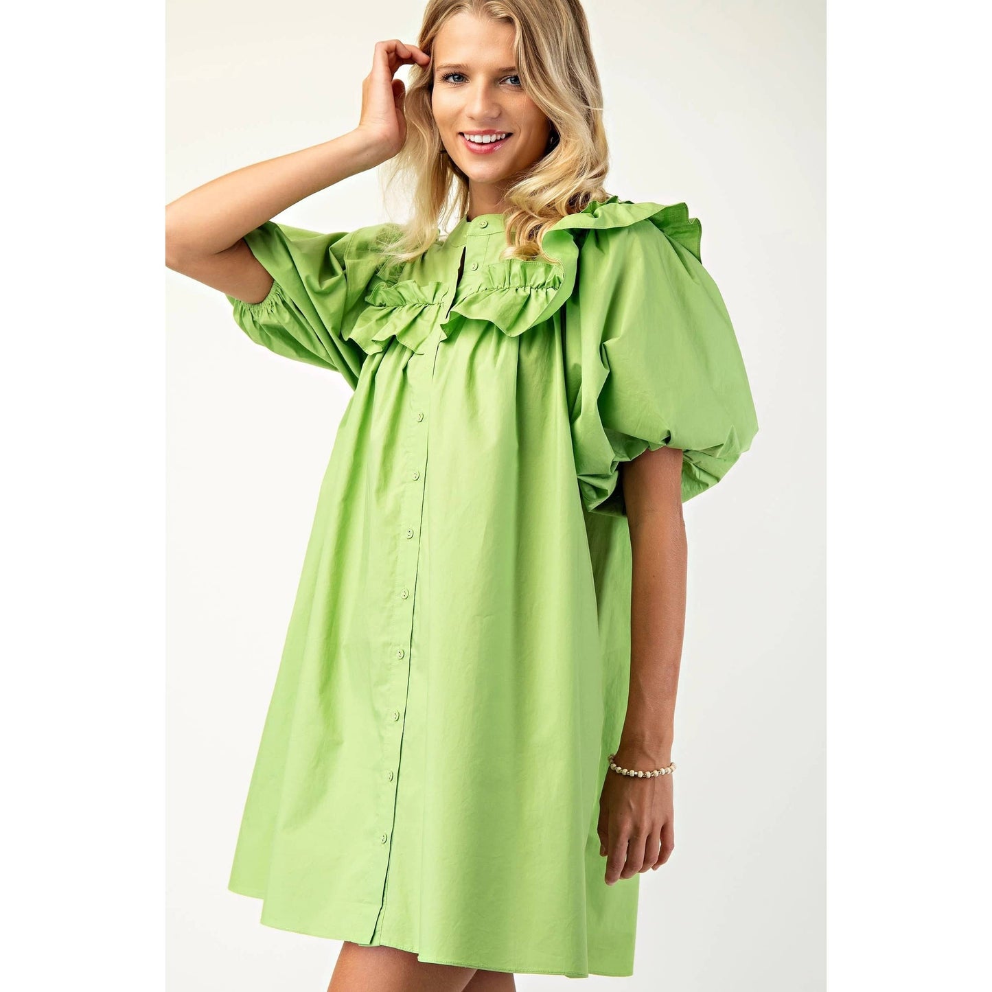Puff Sleeve Mini Dress w_Mandarin Collar n Ruffle - Thirty-One Boutique, LLC