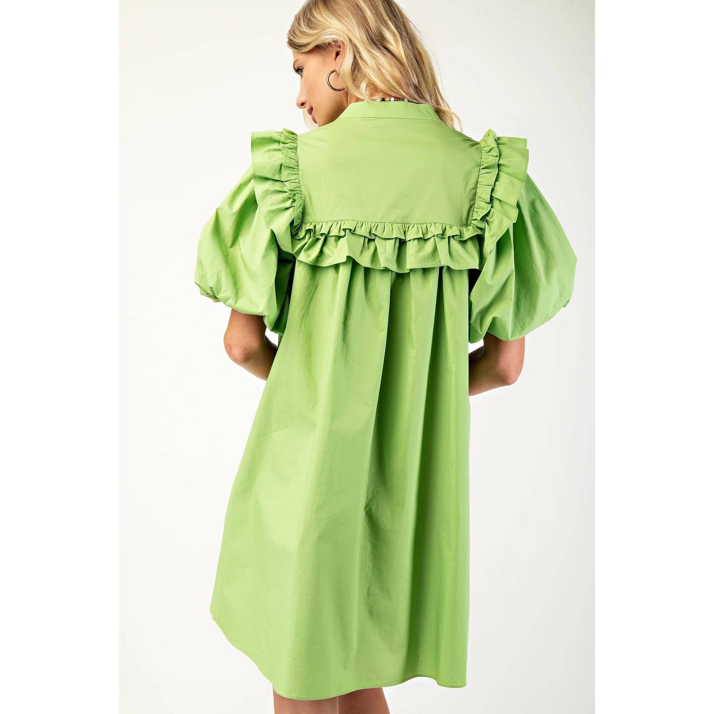 Puff Sleeve Mini Dress w_Mandarin Collar n Ruffle - Thirty-One Boutique, LLC