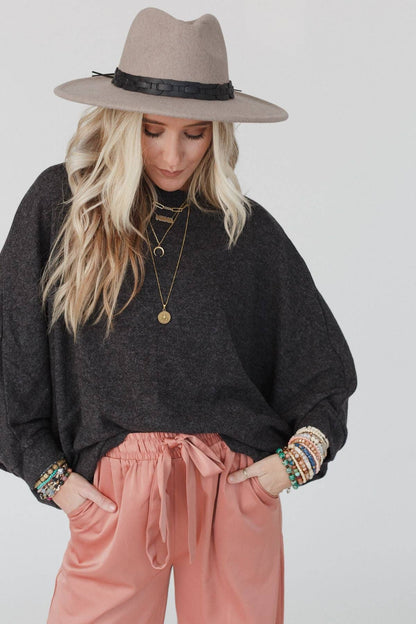 Fly With Me Batwing Sleeve Knit Sweater - Charcoal - Thirty-One Boutique, LLC