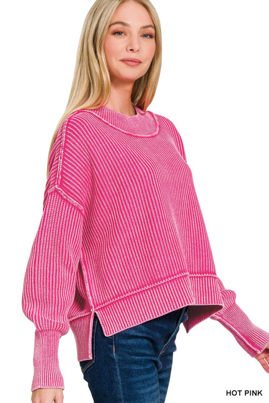 ".._ Washed Side Slit Oversized Cropped Sweater - Thirty-One Boutique, LLC