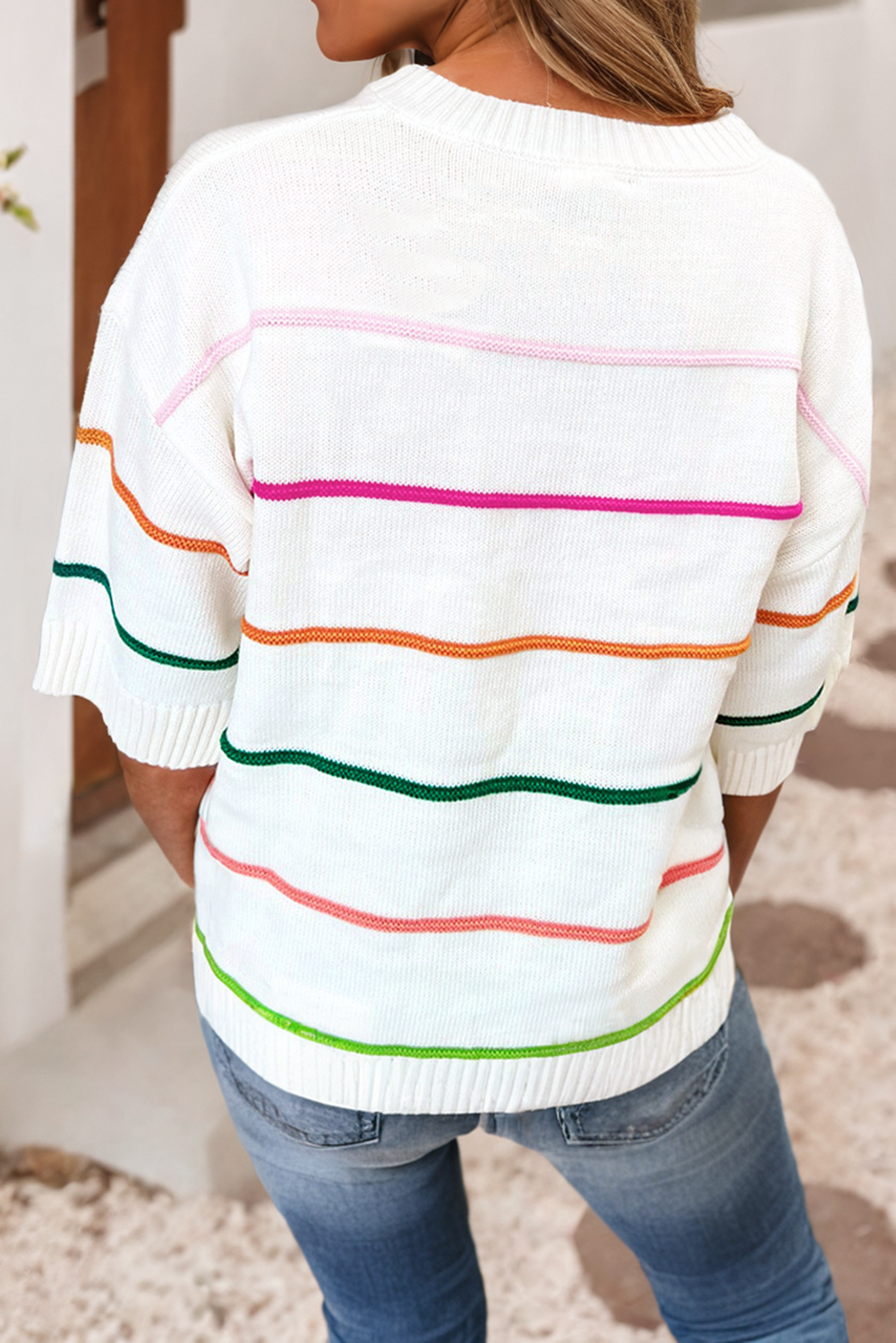 LDC Colorblock Striped Half Sleeve Drop Shoulder Sweater - Thirty-One Boutique, LLC